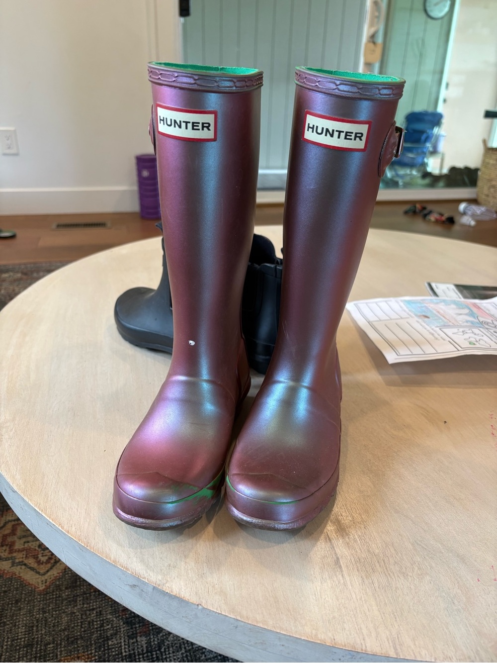 Hunter Kids Iridescent Maroon Tall Rain Boots with Green Sheen